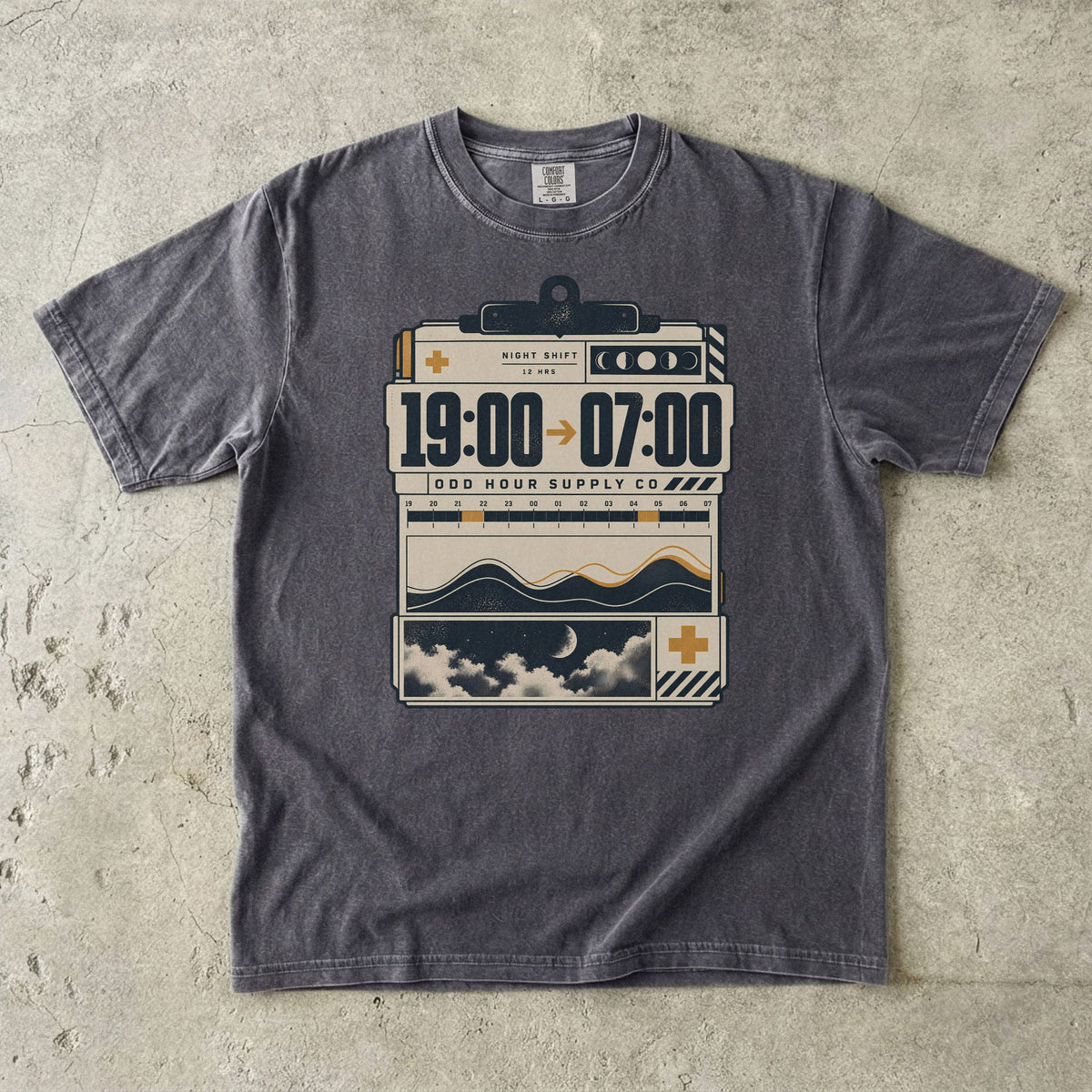19:00 to 07:00 night shift graphic on a Pepper Comfort Colors 1717 T-shirt