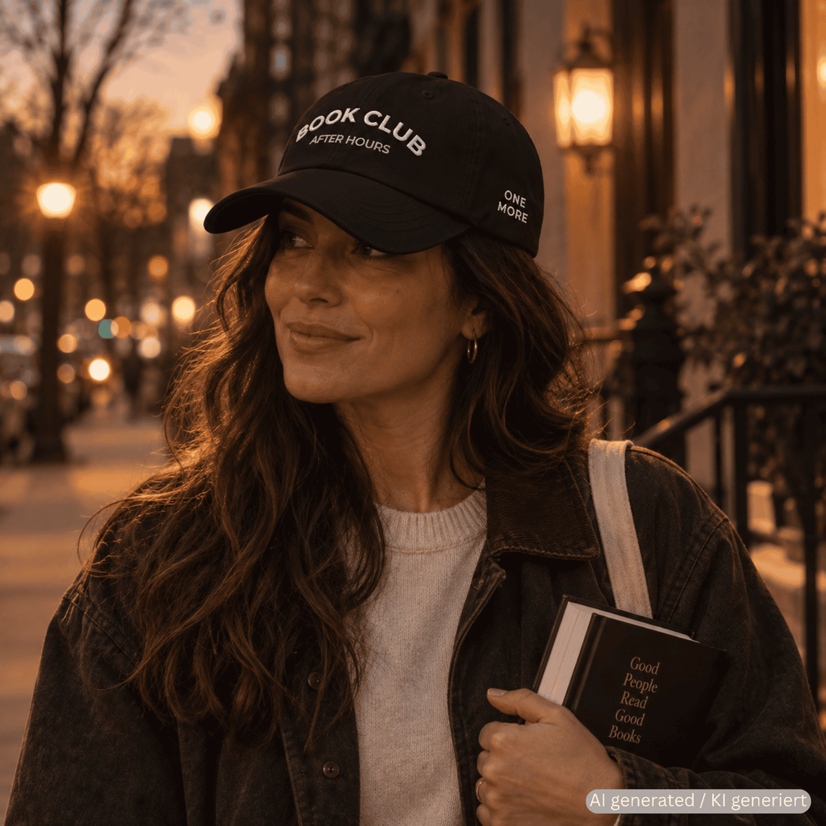 Person wearing black baseball cap with BOOK CLUB embroidery