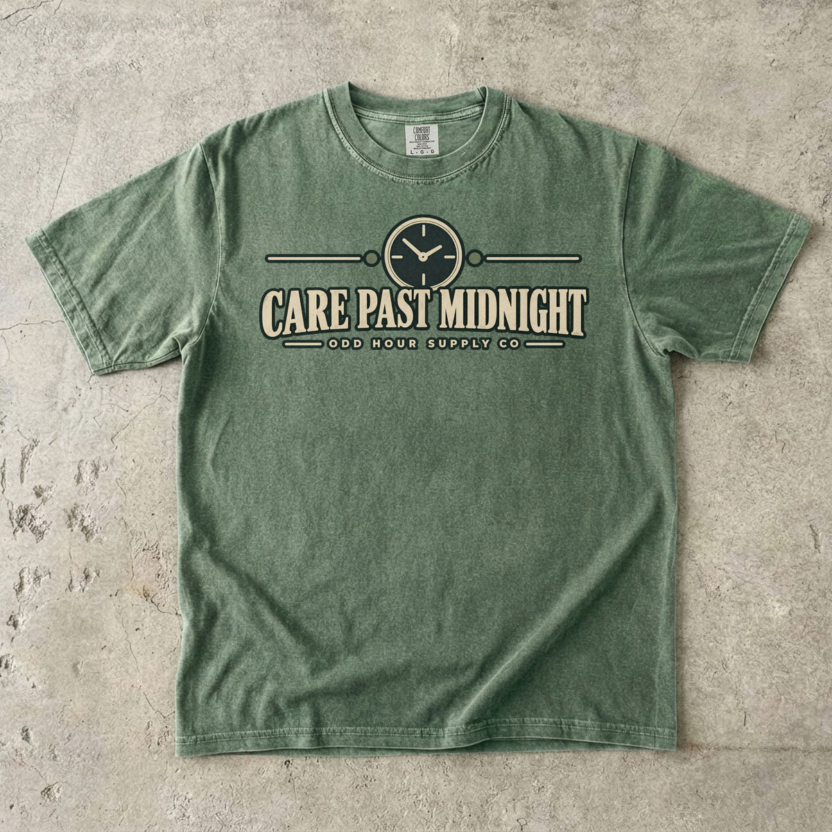 Care Past Midnight vintage clock graphic on a Moss Comfort Colors T-shirt