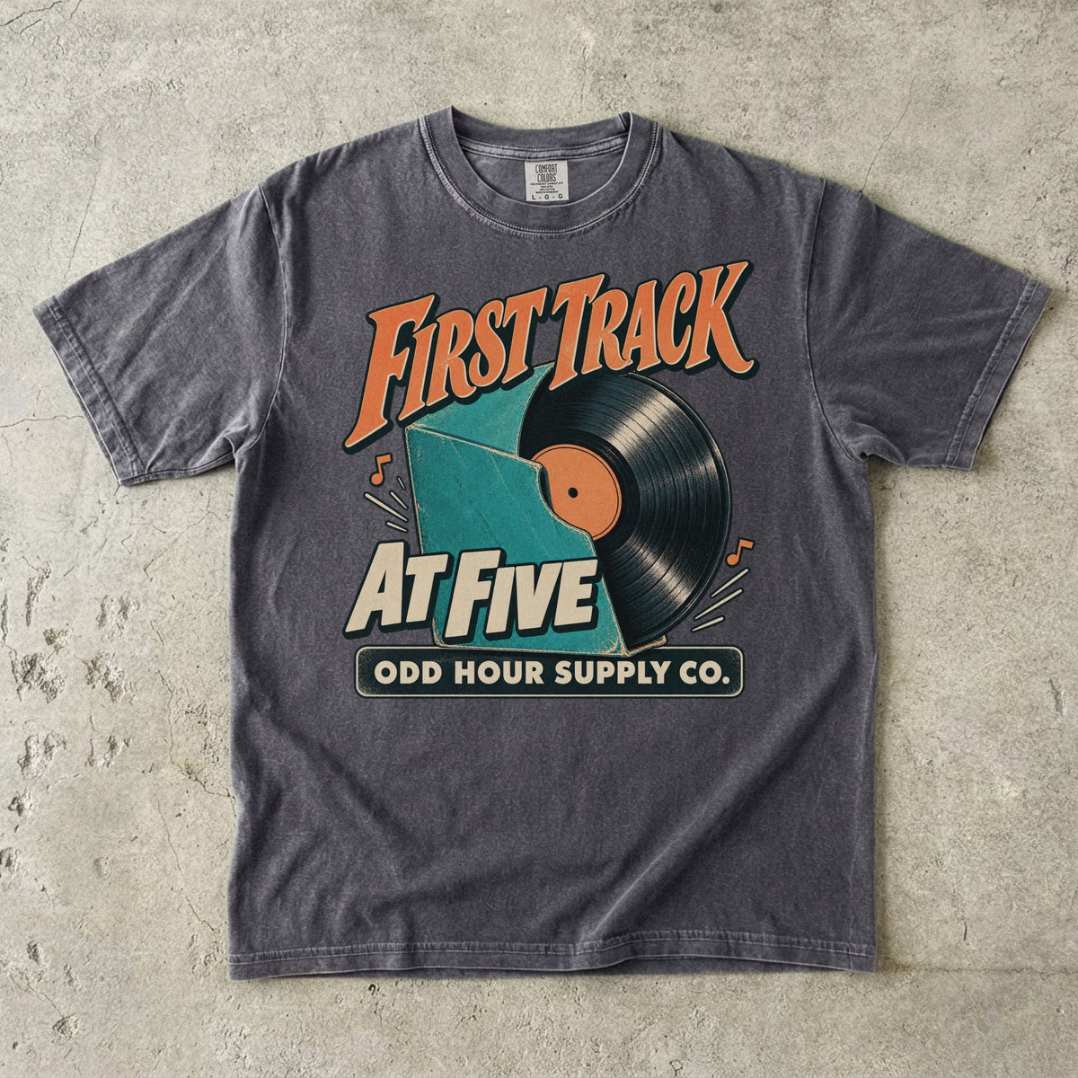 Pepper Comfort Colors 1717 T-shirt with the First Track at Five graphic, front view
