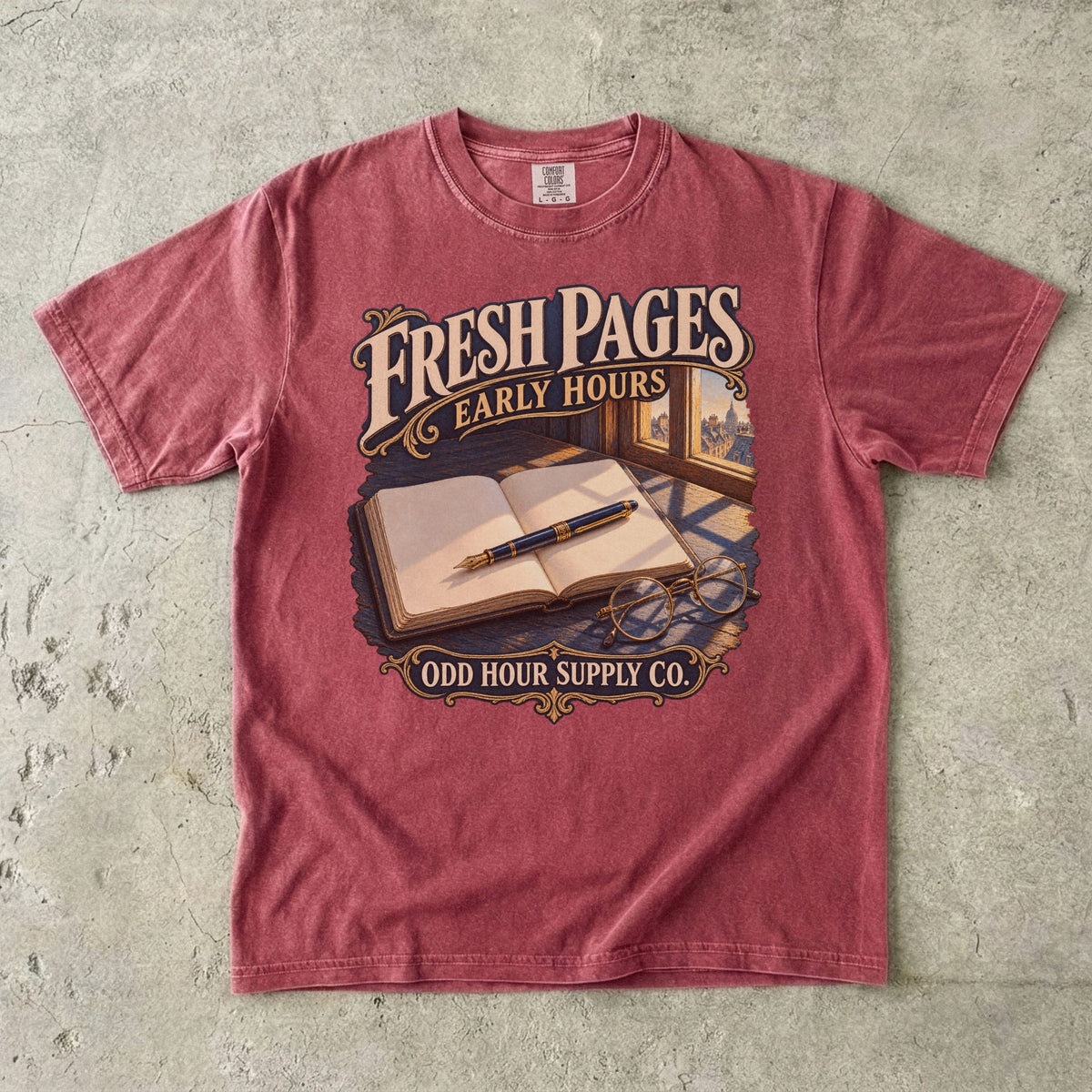 Brick Comfort Colors 1717 T-shirt with the Fresh Pages, Early Hours graphic, front view