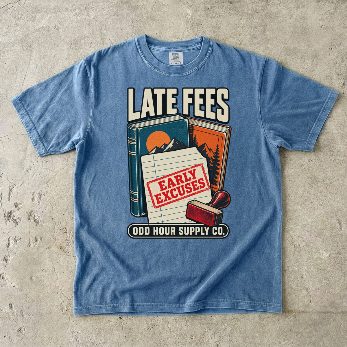 Blue Jean T-shirt with books, a library card, a red stamp and LATE FEES EARLY EXCUSES by Odd Hour Supply Co.