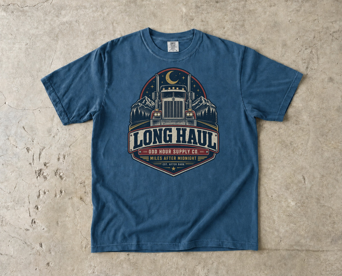 Long Haul Miles After Midnight vintage badge T-shirt in Midnight, Comfort Colors 1717 front view