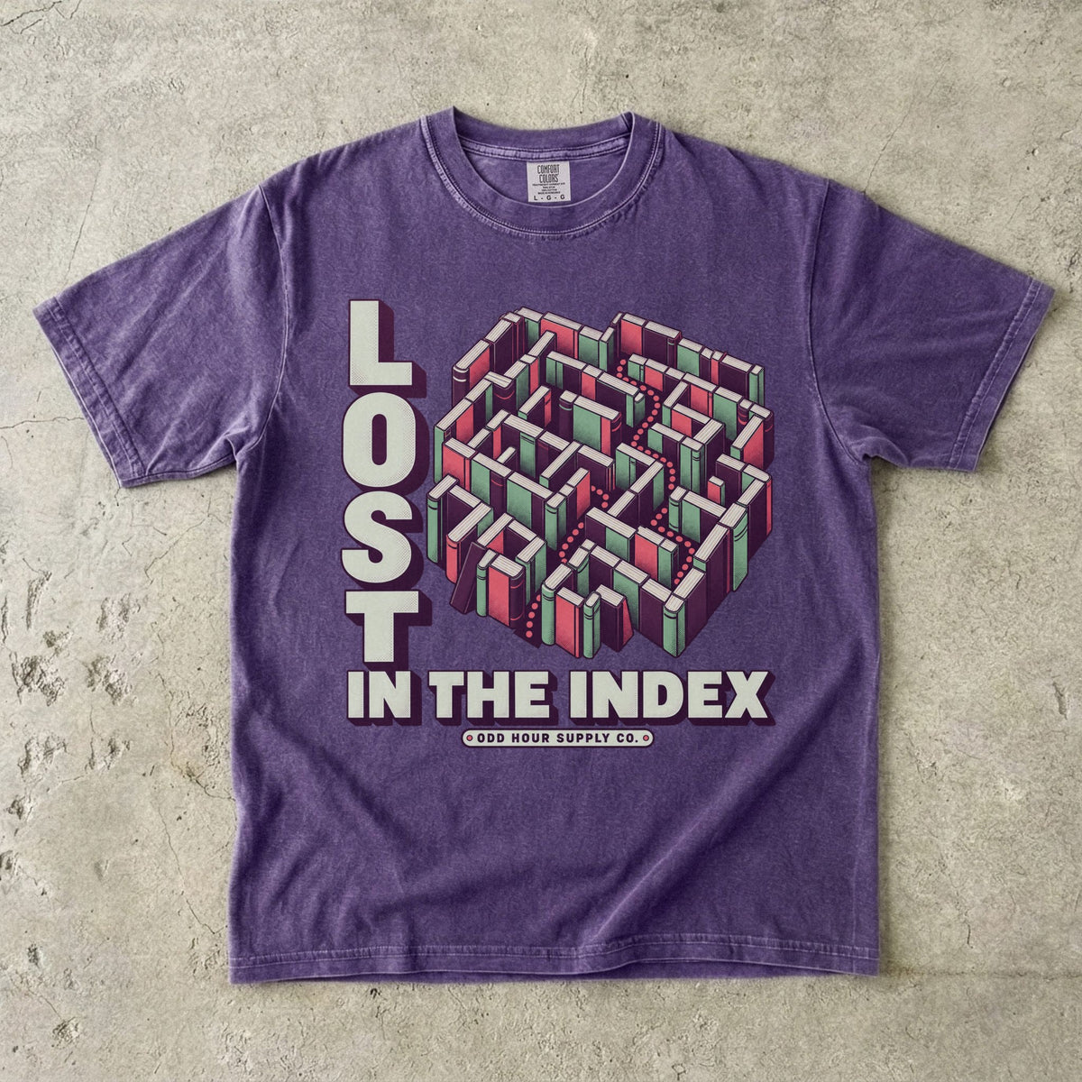 Grape T-shirt featuring a geometric book maze and LOST IN THE INDEX by Odd Hour Supply Co.