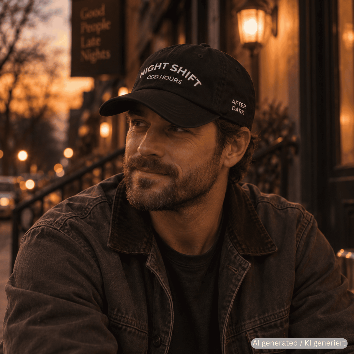 Person wearing black baseball cap with NIGHT SHIFT embroidery