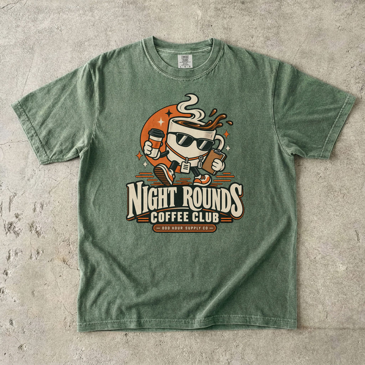 Night Rounds Coffee Club retro coffee mascot on a Moss Comfort Colors T-shirt