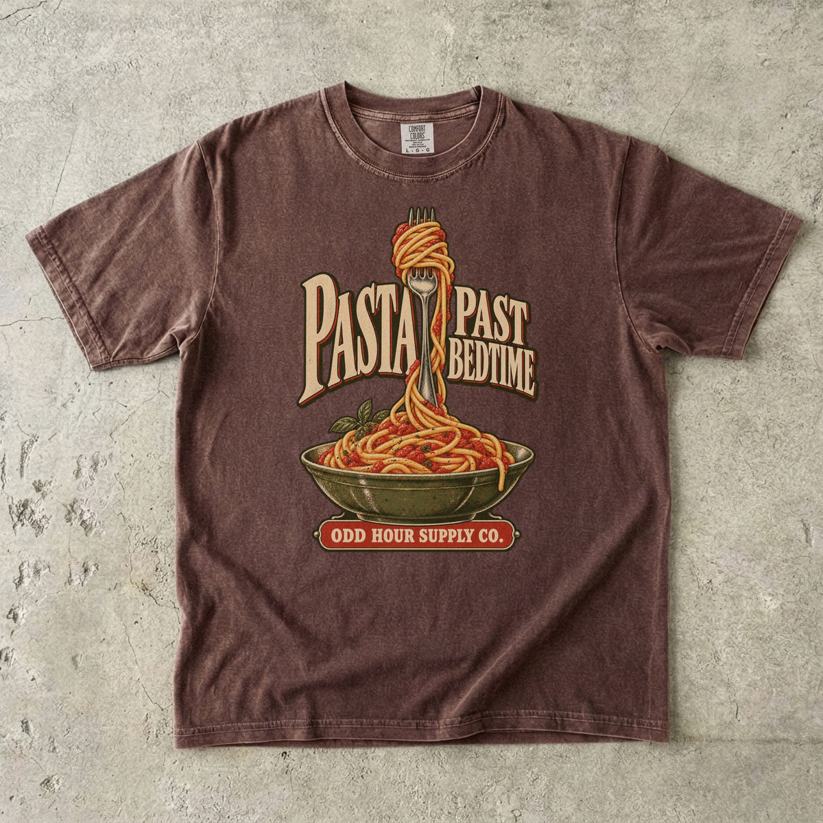 Espresso Comfort Colors 1717 T-shirt with the Pasta Past Bedtime graphic, front view