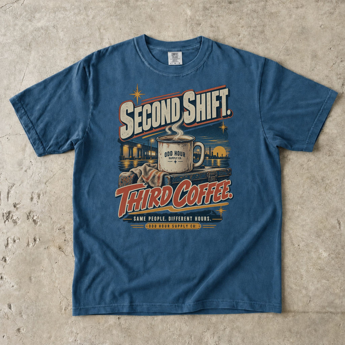 Second Shift Third Coffee T-shirt in Midnight, Comfort Colors 1717 front view