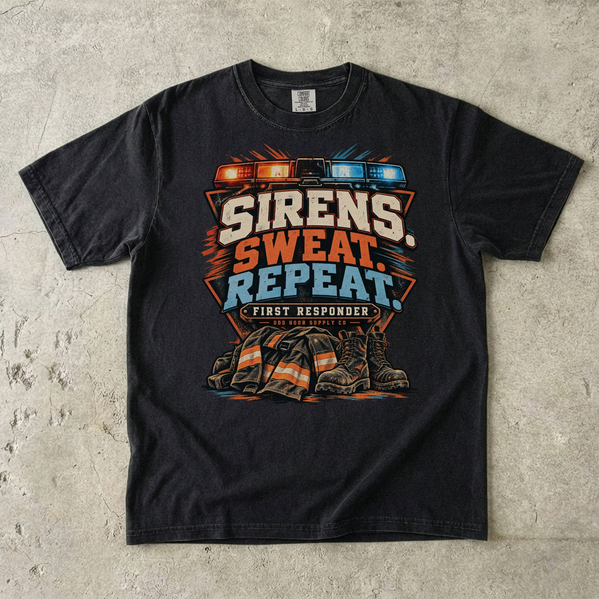 Black Comfort Colors 1717 T-shirt with Sirens Sweat Repeat front graphic, emergency lights, turnout jacket and firefighter boots.