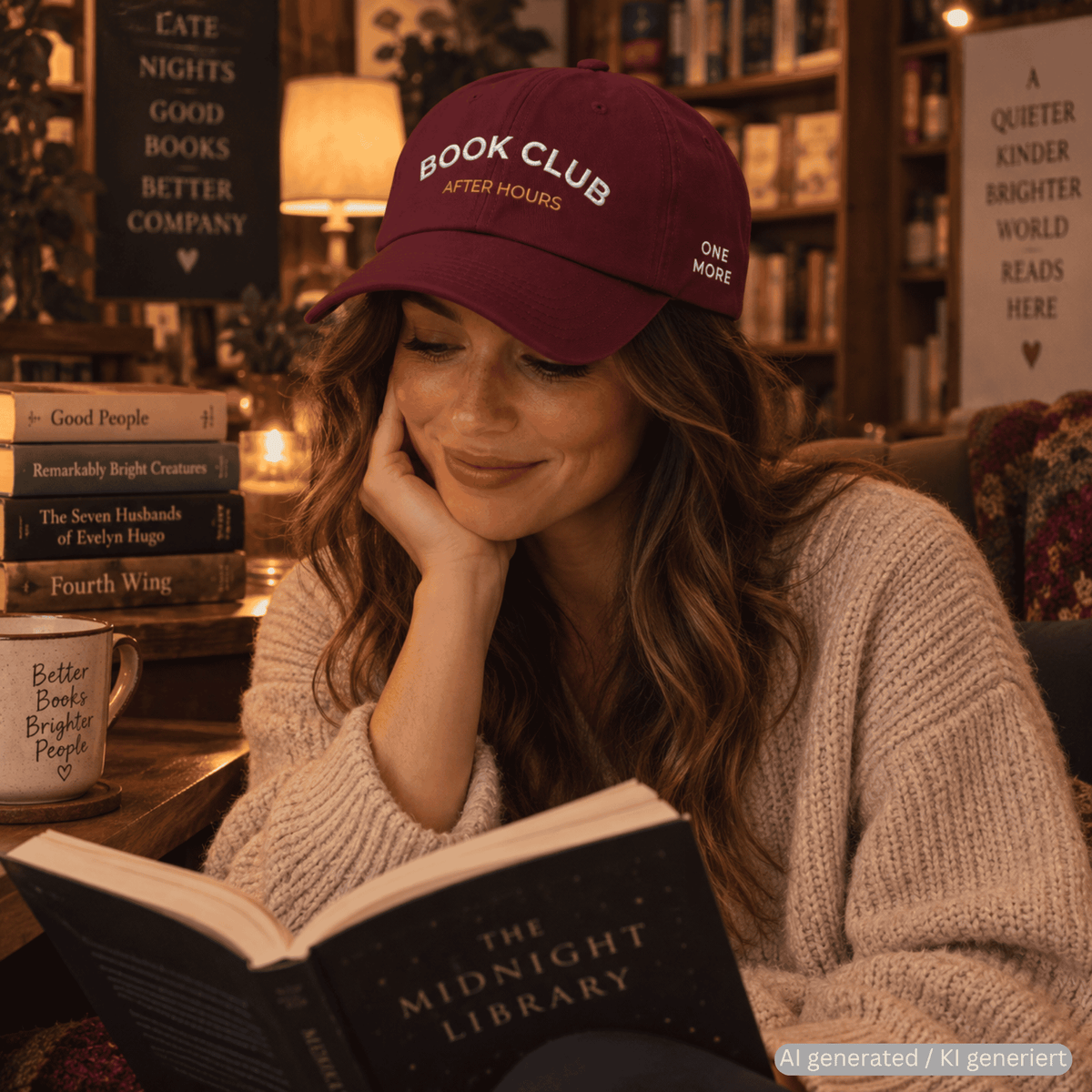 Person wearing maroon used-look baseball cap with BOOK CLUB embroidery