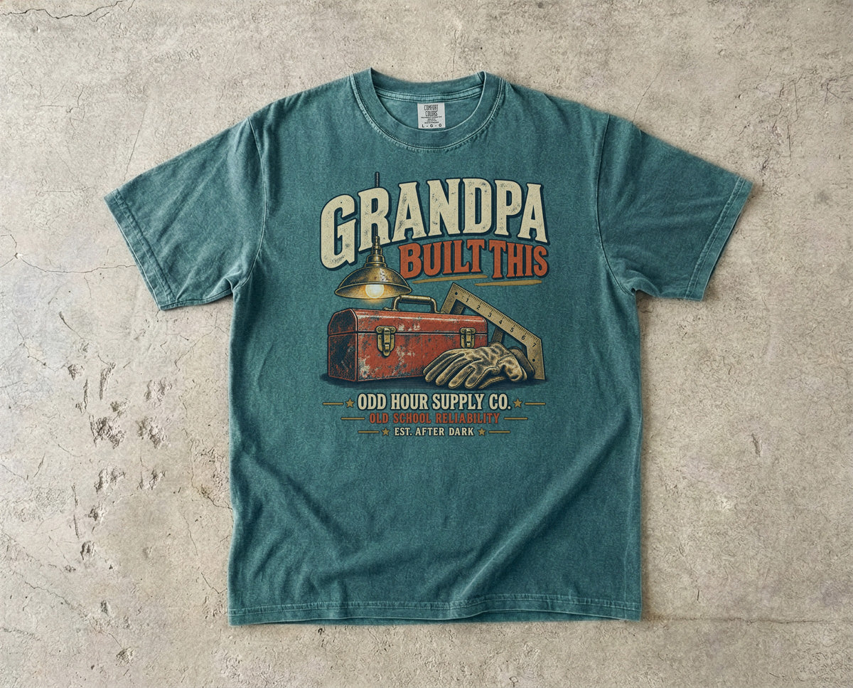 GRANDPA Built This vintage badge T-shirt in Blue Spruce, Comfort Colors 1717 front view