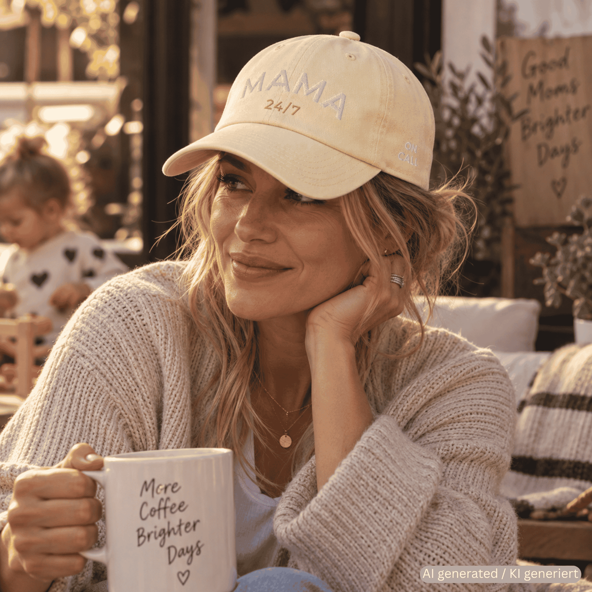 Person wearing khaki used-look baseball cap with MAMA 24/7 embroidery