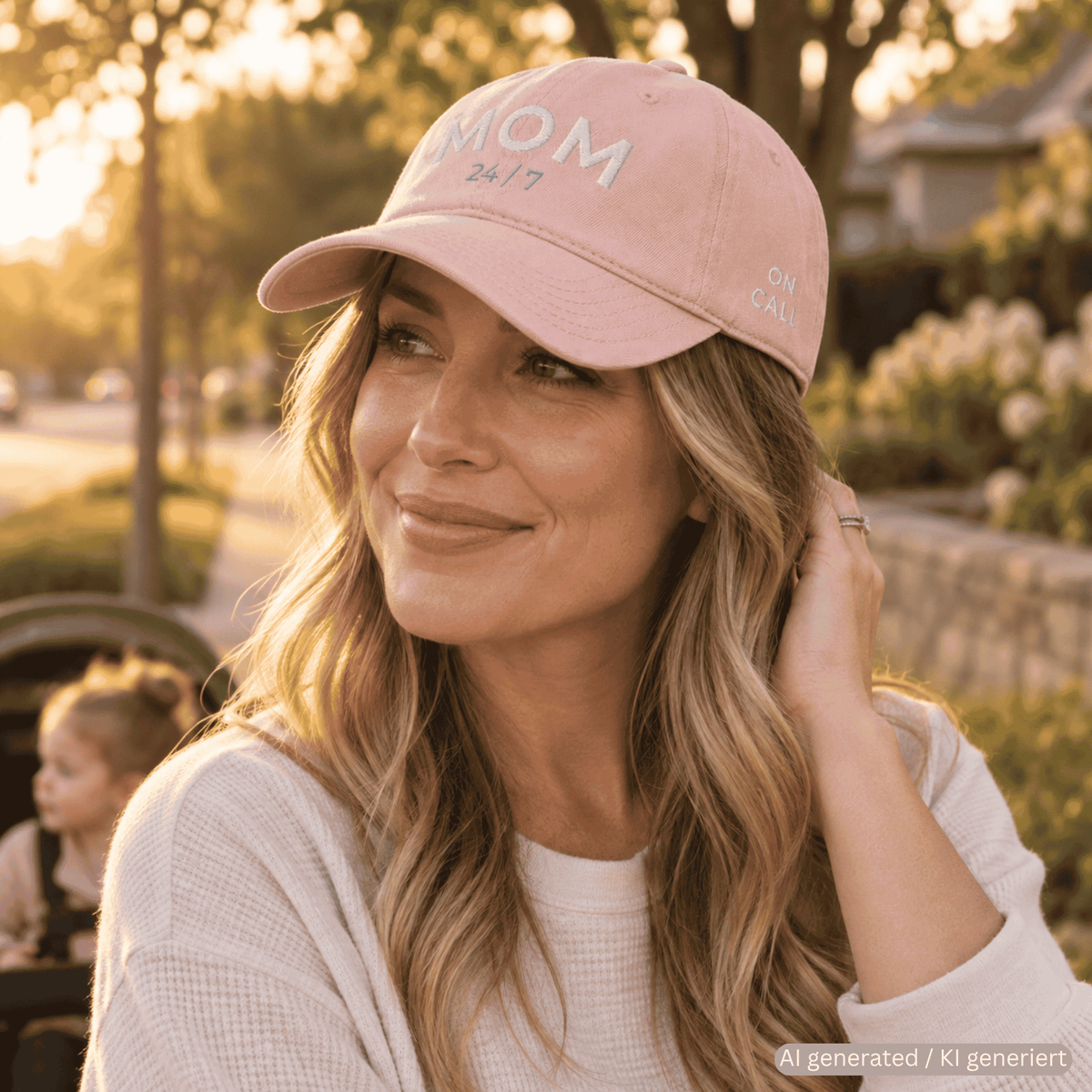 Person wearing dusty rose used-look baseball cap with MOM 24/7 embroidery