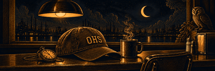 Illustrated Odd Hour Supply cap in a nighttime diner with a gold OHS monogram.