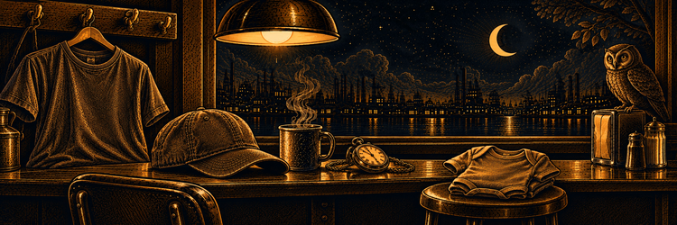 Midnight supply-counter engraving with fictional T-shirt, cap and baby bodysuit, plus a sleepy owl.