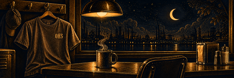 Illustrated Odd Hour Supply T-shirt in a nighttime diner with a gold OHS chest monogram.