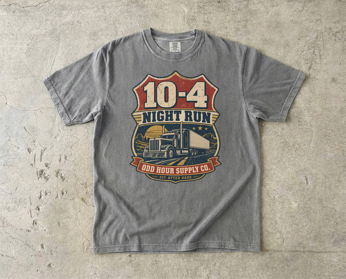 10-4 Night Run vintage badge T-shirt in Granite, Comfort Colors 1717 front view