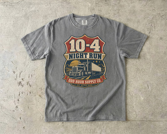 10-4 Night Run vintage badge T-shirt in Granite, Comfort Colors 1717 front view