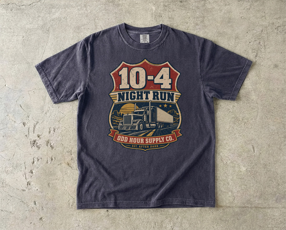 10-4 Night Run vintage badge T-shirt in Graphite, Comfort Colors 1717 front view