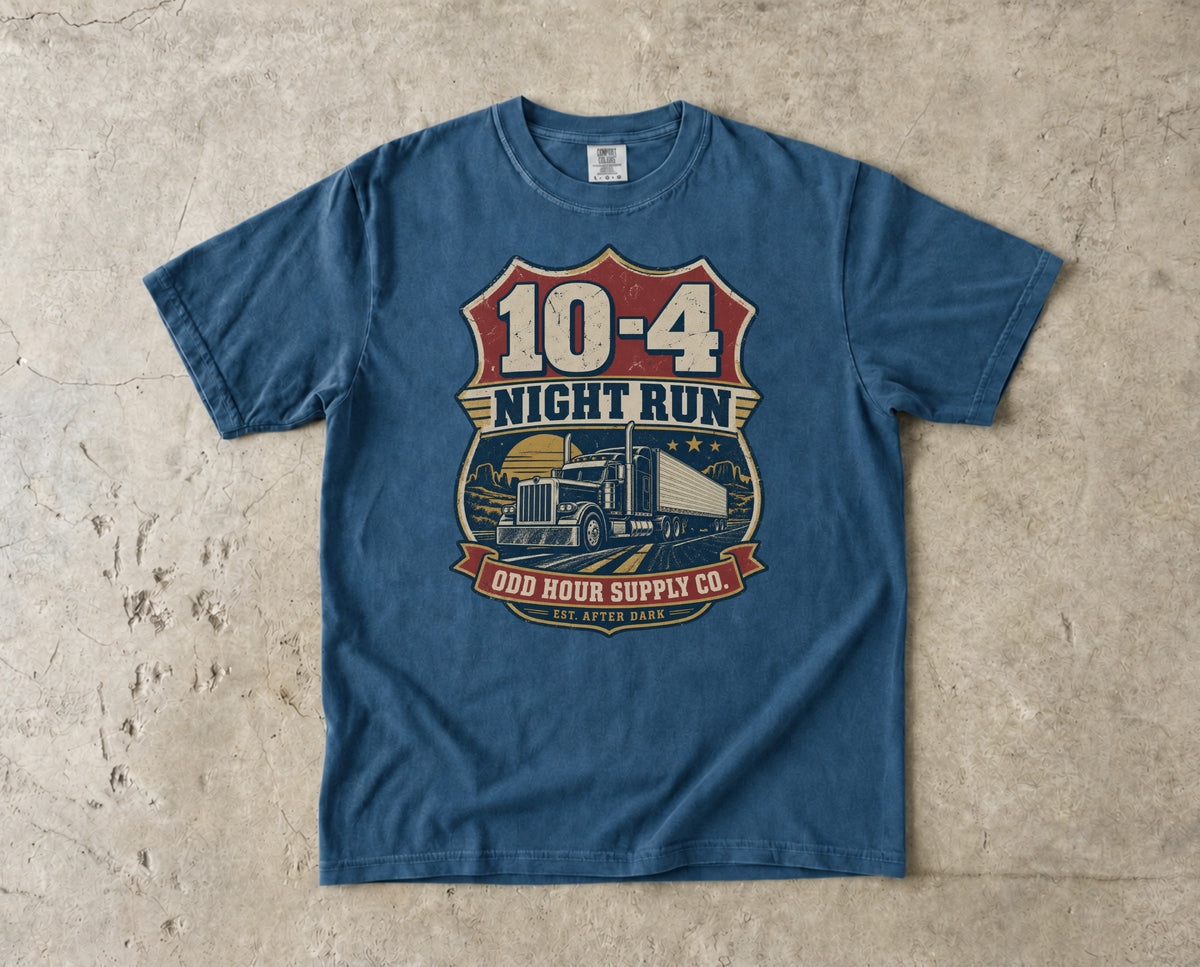 10-4 Night Run vintage badge T-shirt in Midnight, Comfort Colors 1717 front view
