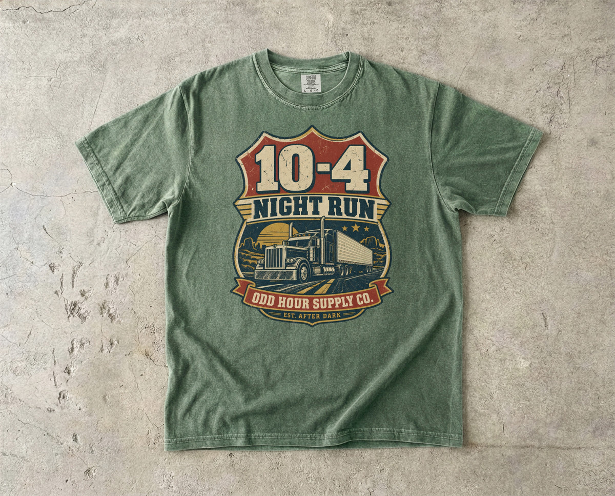 10-4 Night Run vintage badge T-shirt in Moss, Comfort Colors 1717 front view