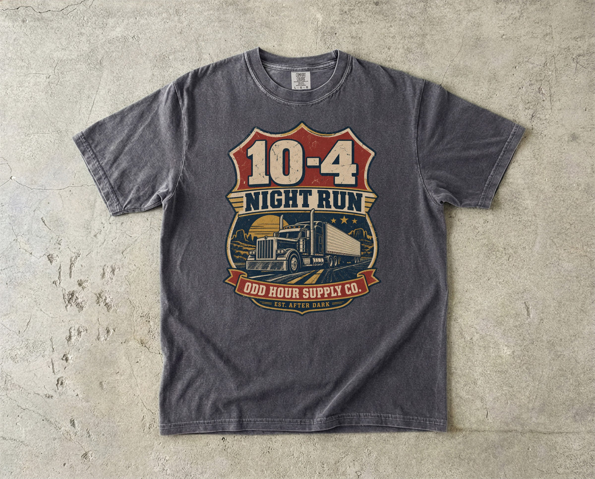 10-4 Night Run vintage badge T-shirt in Pepper, Comfort Colors 1717 front view