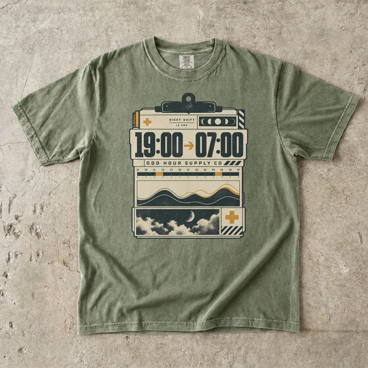 19:00 to 07:00 night shift graphic on a Hemp Comfort Colors 1717 T-shirt