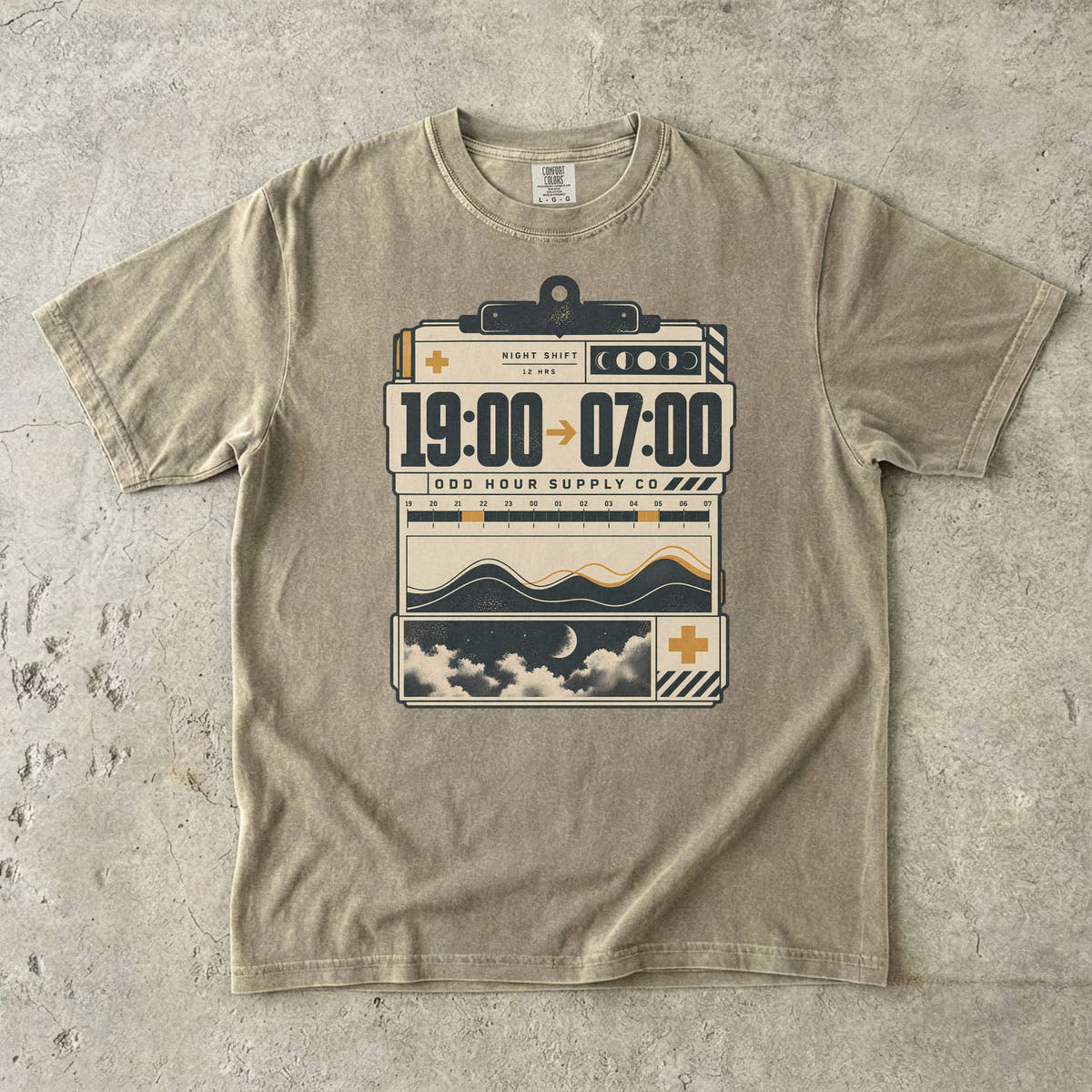 19:00 to 07:00 night shift graphic on a Khaki Comfort Colors 1717 T-shirt