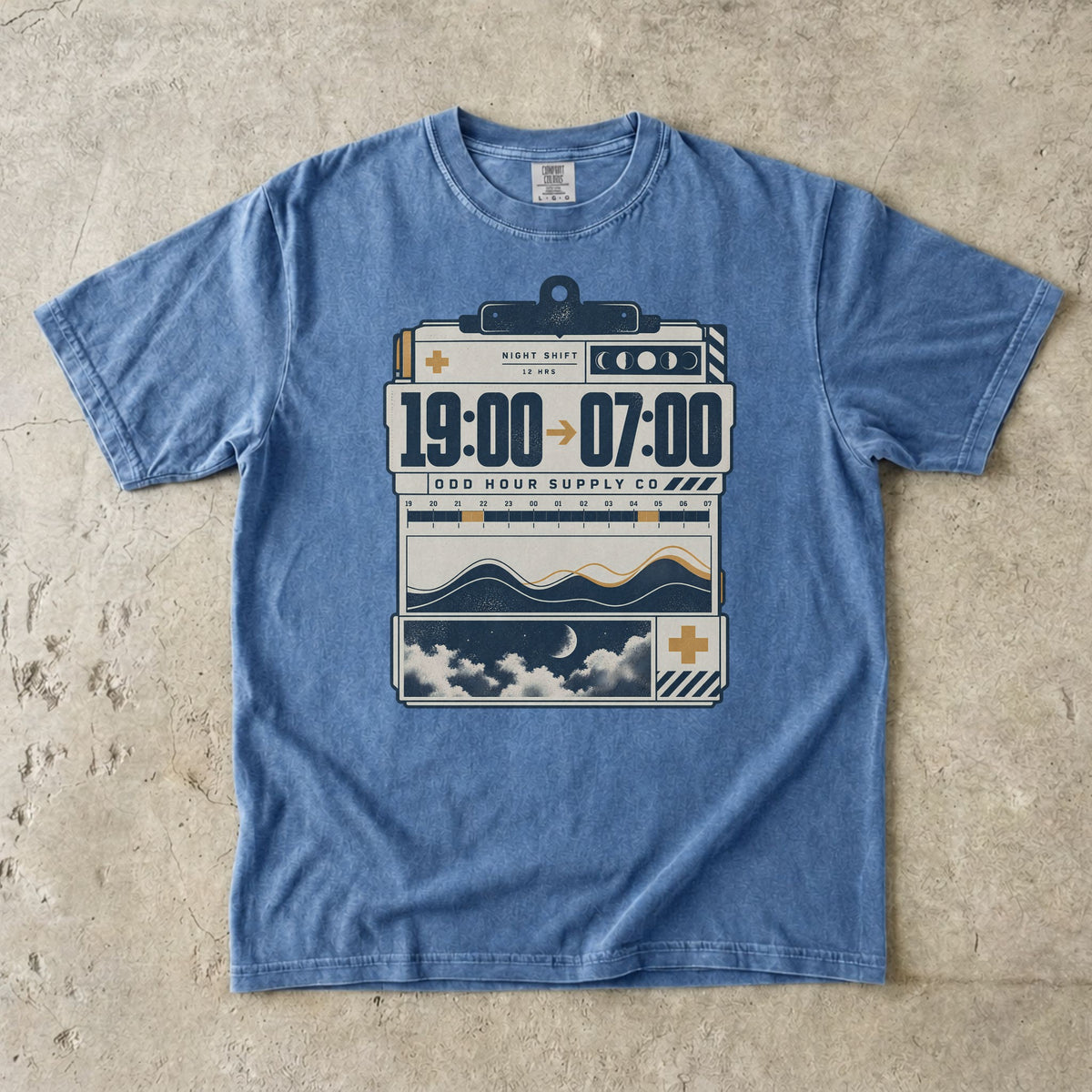 19:00 to 07:00 night shift graphic on a Washed Denim Comfort Colors 1717 T-shirt