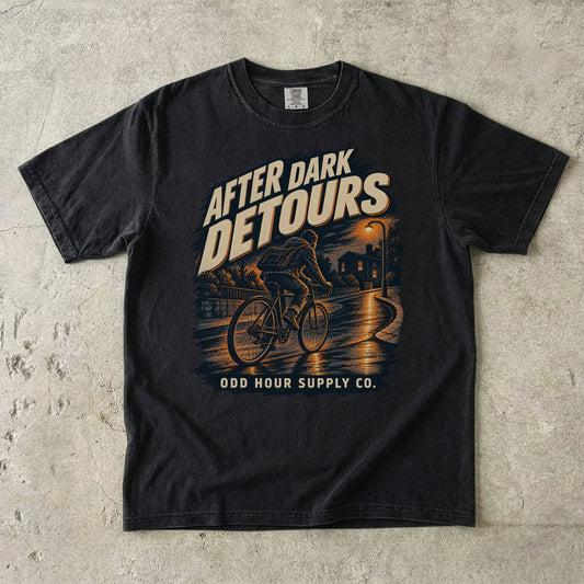 Black Comfort Colors 1717 T-shirt with the After Dark Detours graphic, front view