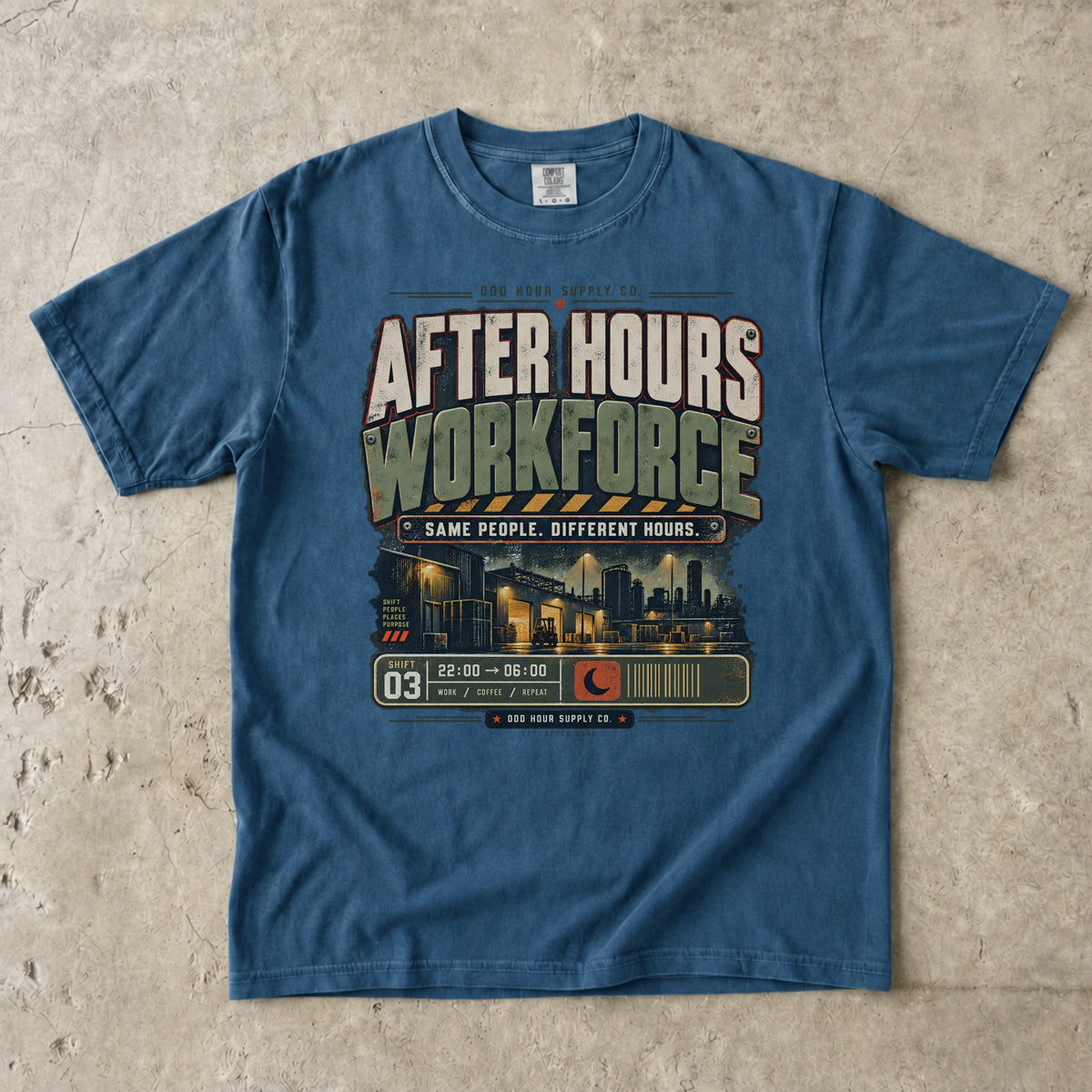 After Hours Workforce T-shirt in Midnight, Comfort Colors 1717 front view