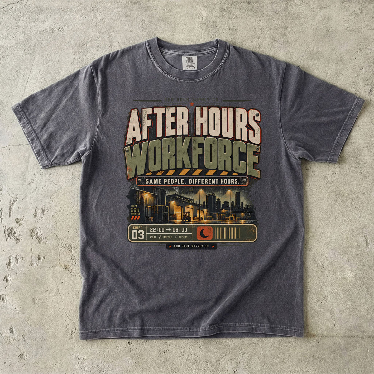 After Hours Workforce T-shirt in Pepper, Comfort Colors 1717 front view