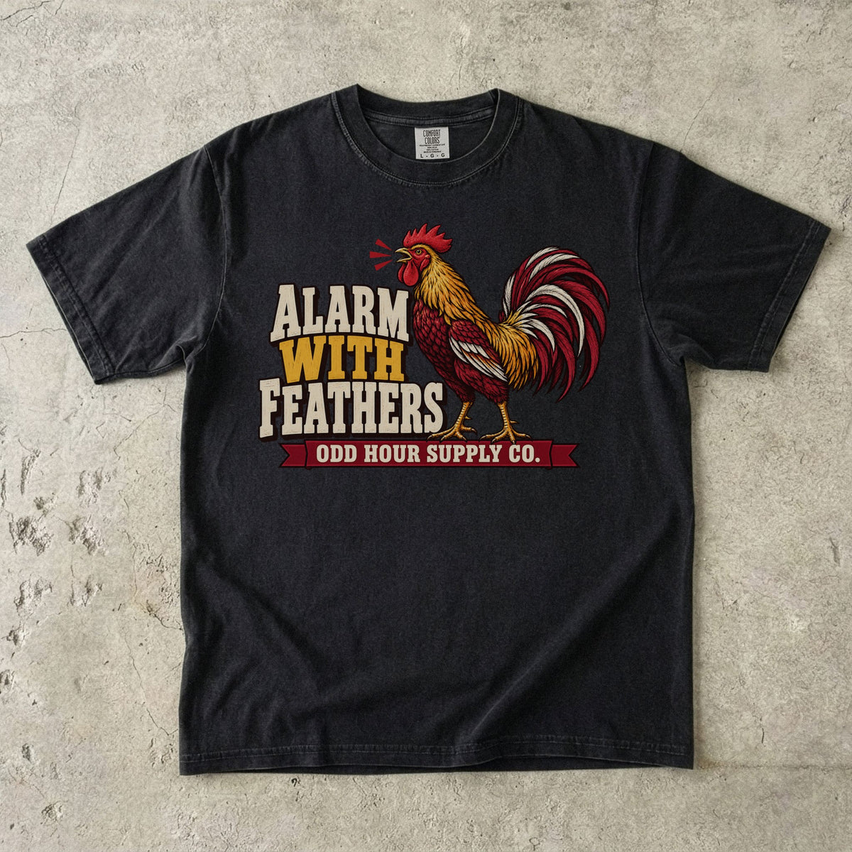 Black Comfort Colors 1717 T-shirt with the Alarm With Feathers graphic, front view