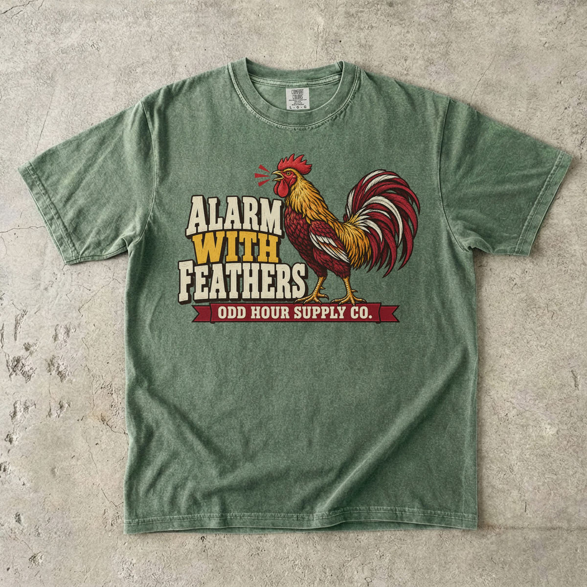 Moss Comfort Colors 1717 T-shirt with the Alarm With Feathers graphic, front view