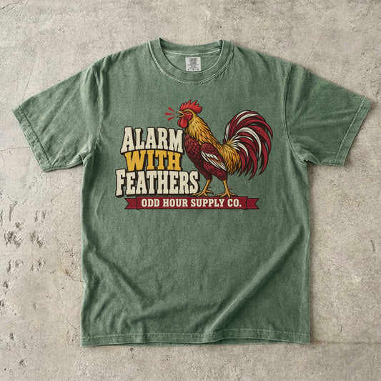 Moss Comfort Colors 1717 T-shirt with the Alarm With Feathers graphic, front view