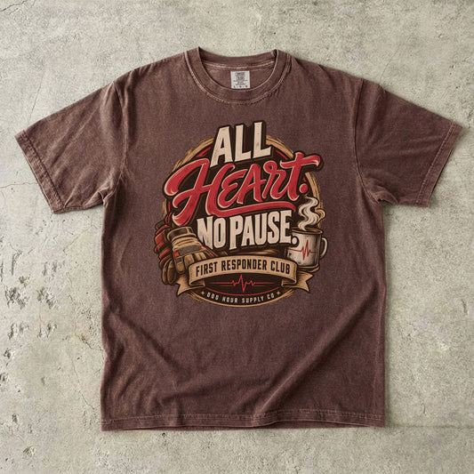 Espresso Comfort Colors 1717 T-shirt with All Heart No Pause front graphic, gloves, coffee mug and Odd Hour Supply branding.