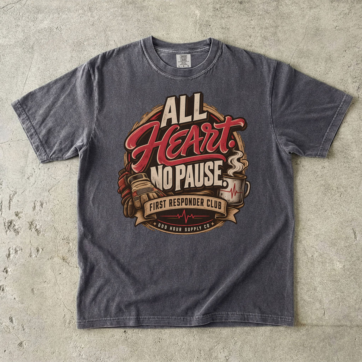 Pepper Comfort Colors 1717 T-shirt with All Heart No Pause front graphic, gloves, coffee mug and Odd Hour Supply branding.
