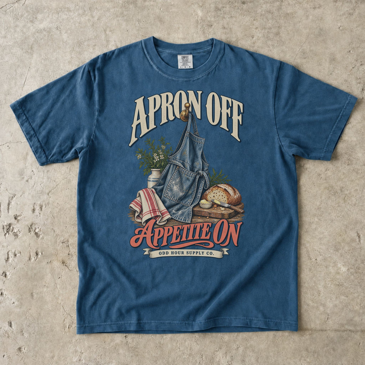 Midnight T-shirt featuring a denim apron, fresh bread and APRON OFF APPETITE ON by Odd Hour Supply Co.