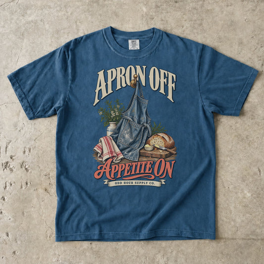 Midnight T-shirt featuring a denim apron, fresh bread and APRON OFF APPETITE ON by Odd Hour Supply Co.