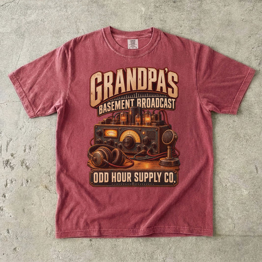 Brick T-shirt with GRANDPA’S BASEMENT BROADCAST, vintage radio equipment, headphones and a microphone by Odd Hour Supply Co.