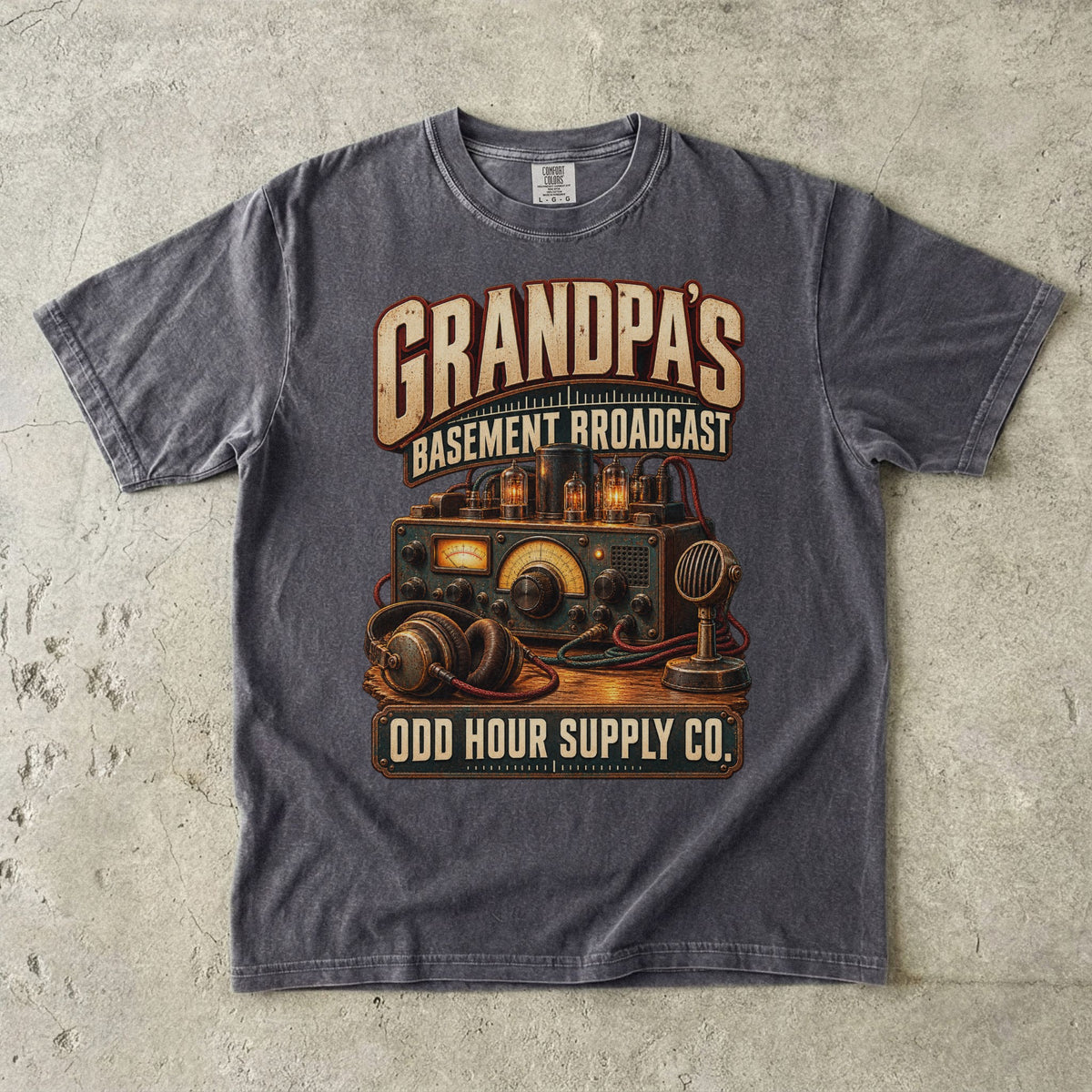Pepper T-shirt with GRANDPA’S BASEMENT BROADCAST, vintage radio equipment, headphones and a microphone by Odd Hour Supply Co.