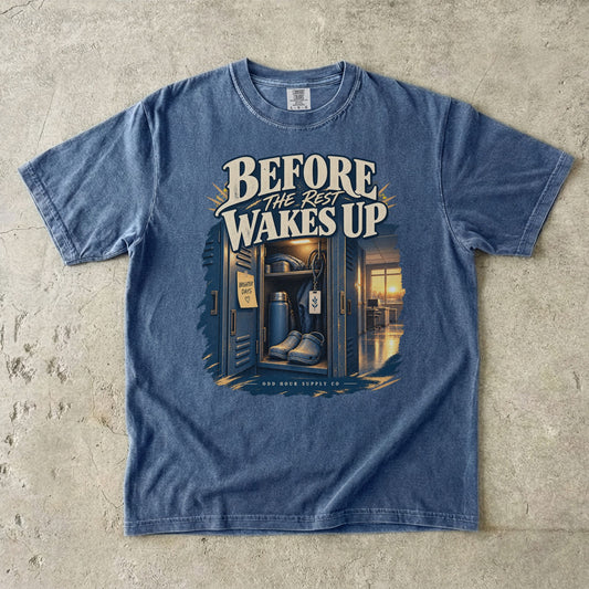 Before the Rest Wakes Up locker scene on a Denim Comfort Colors 1717 T-shirt