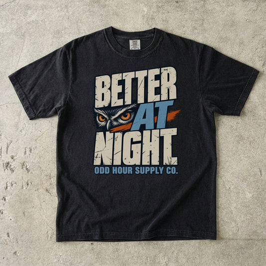 Black Comfort Colors 1717 T-shirt with the Better at Night graphic, front view