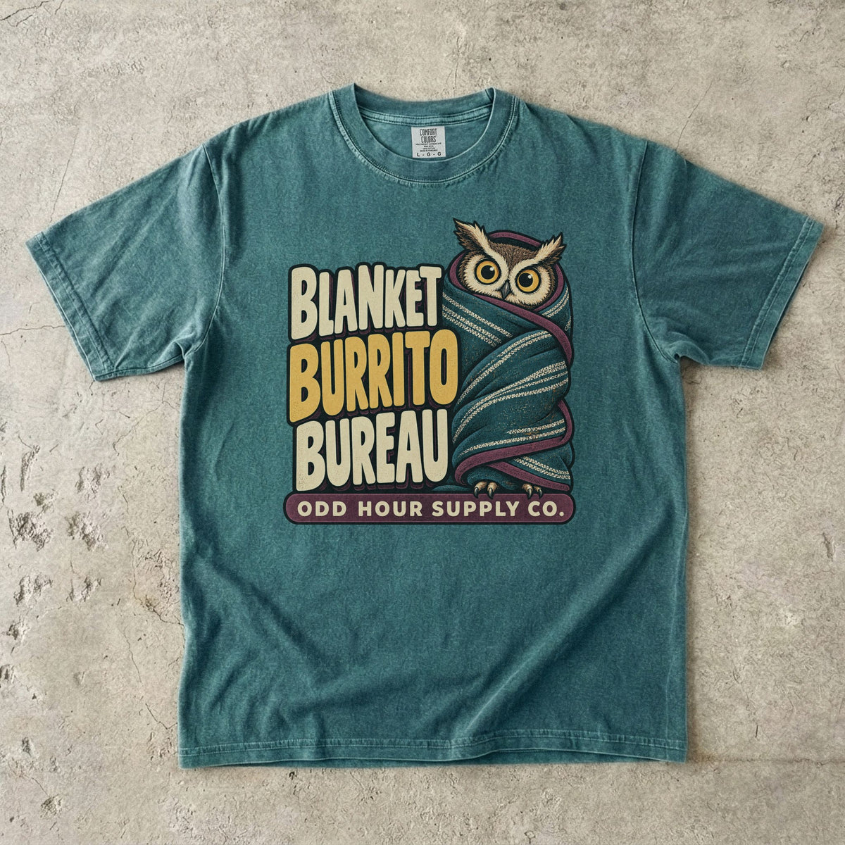 Blue Spruce Comfort Colors 1717 T-shirt with the Blanket Burrito Bureau graphic, front view