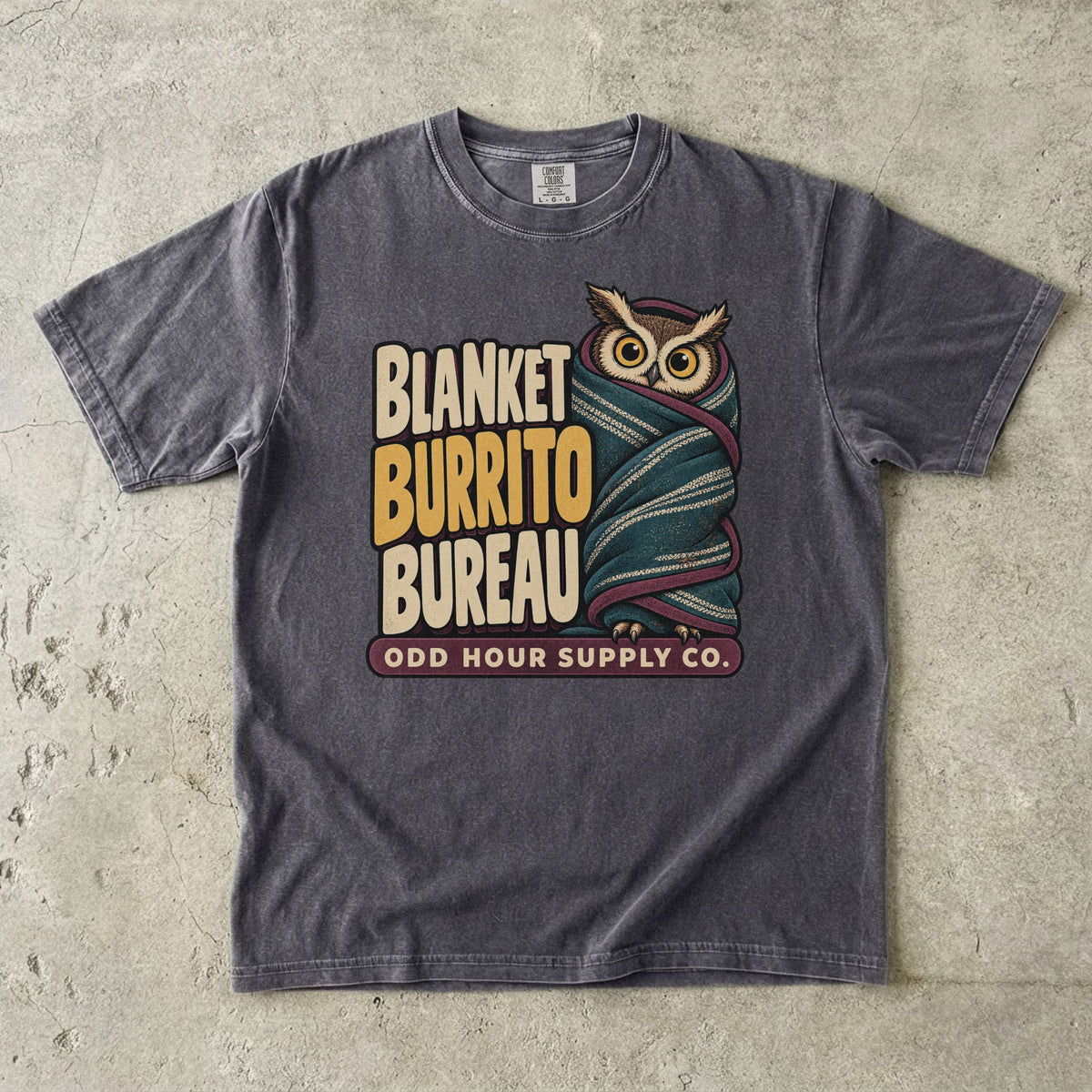 Pepper Comfort Colors 1717 T-shirt with the Blanket Burrito Bureau graphic, front view