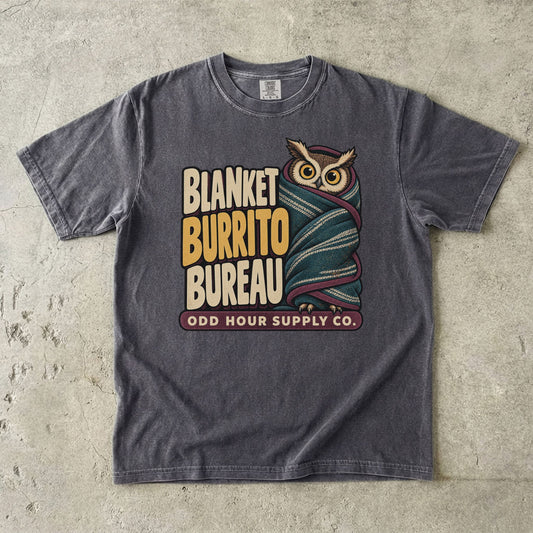 Pepper Comfort Colors 1717 T-shirt with the Blanket Burrito Bureau graphic, front view