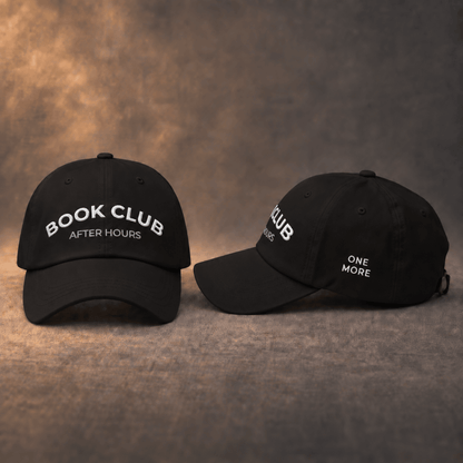 Black baseball cap with BOOK CLUB embroidery, front and side view