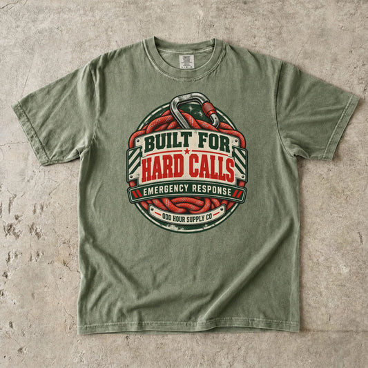Hemp Comfort Colors 1717 T-shirt with Built for Hard Calls badge, red rescue rope, carabiner and Odd Hour Supply branding.