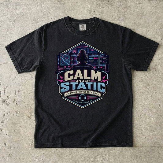 Black Comfort Colors 1717 T-shirt with Calm Under Static front graphic, dispatcher, control-room screens and cyan-magenta details.