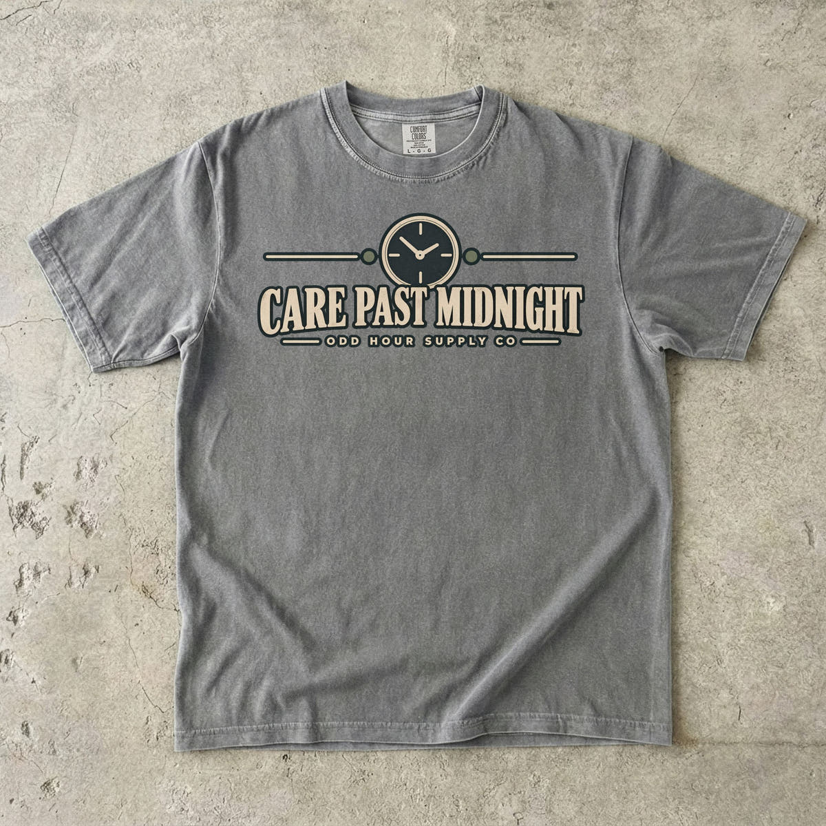 Care Past Midnight vintage clock graphic on a Granite Comfort Colors T-shirt